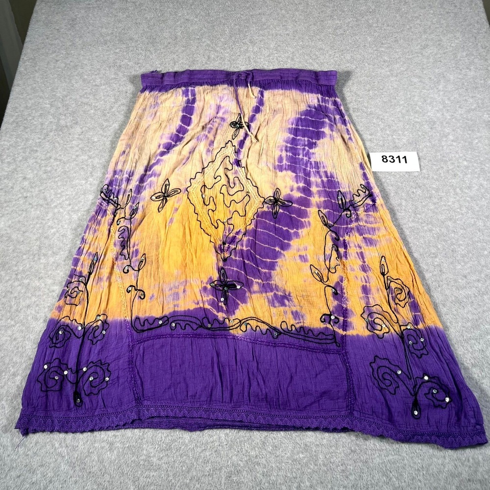 California Breeze Skirt Women Free Size Purple Yellow Tie Dye Cotton Embroidered